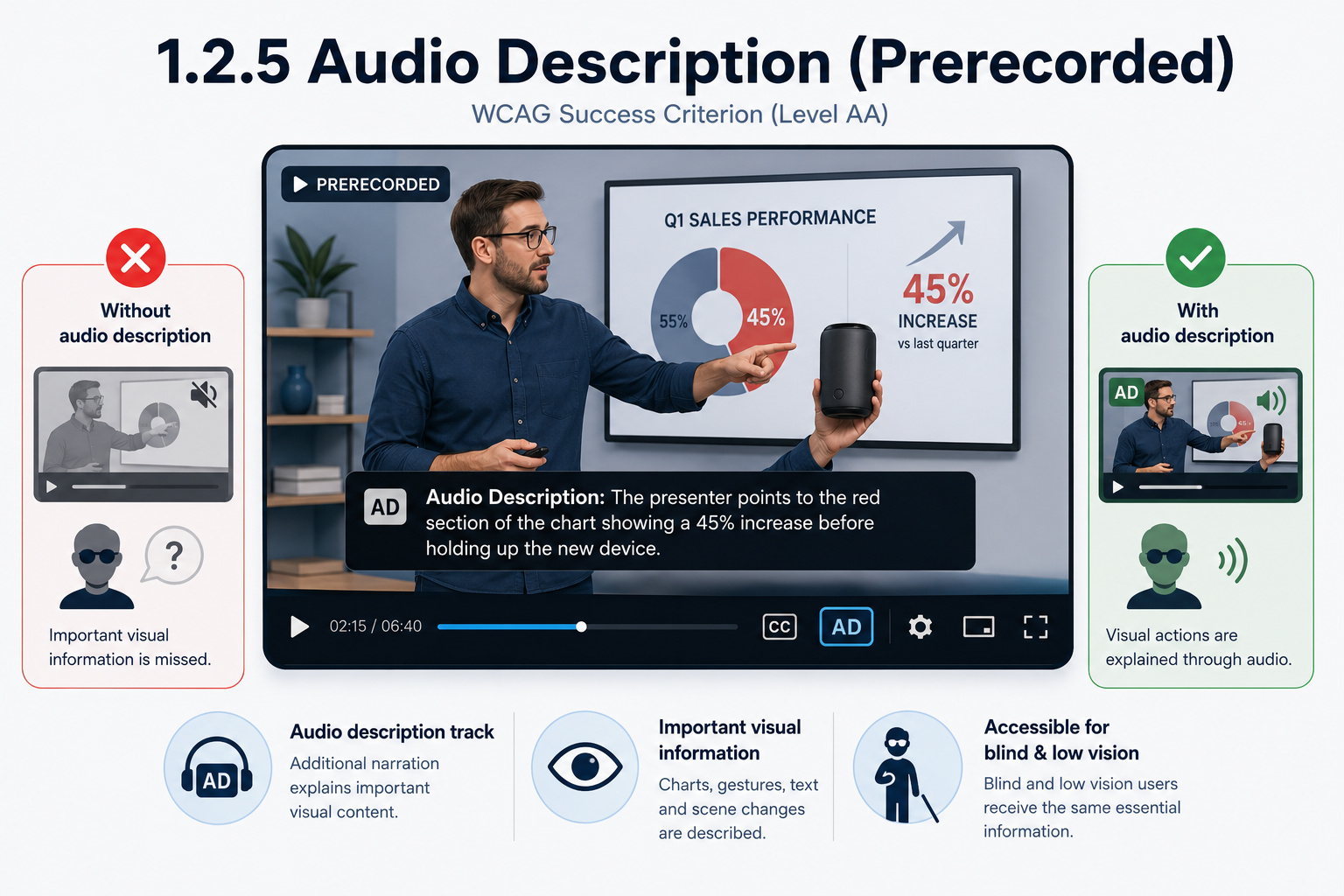 A prerecorded video of a presenter pointing to a pie chart showing a 45% increase in Q1 sales performance while holding up a new device, compared without and with audio description. Without audio description, the video is muted of any narration explaining the visual action, so a blind viewer misses what the presenter is doing. With audio description enabled, a narration track explains 'The presenter points to the red section of the chart showing a 45% increase before holding up the new device,' conveying the visual information through audio.