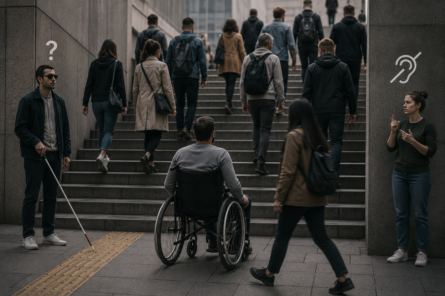 At the bottom of a crowded staircase with no ramp, a blind man with a white cane and a man in a wheelchair are stopped, while a woman signs in ASL near a hearing-impaired icon and others walk past them and up the stairs.