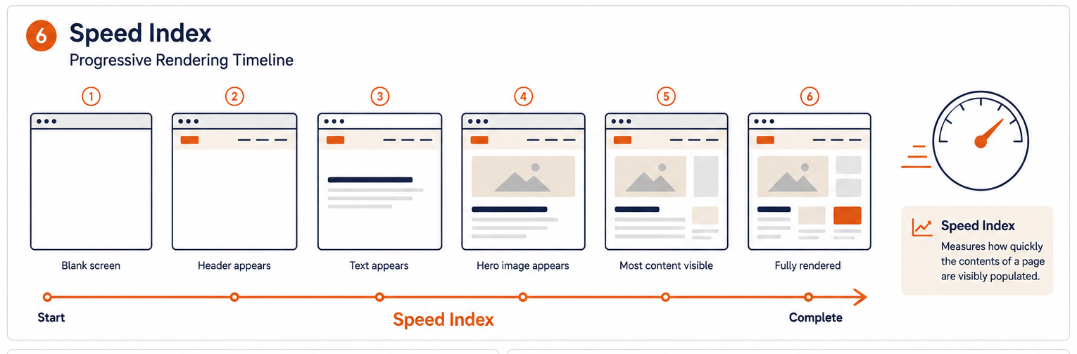 Six-step filmstrip from blank screen to header, text, hero image, most content visible, and fully rendered, illustrating how Speed Index tracks progressive rendering over time.